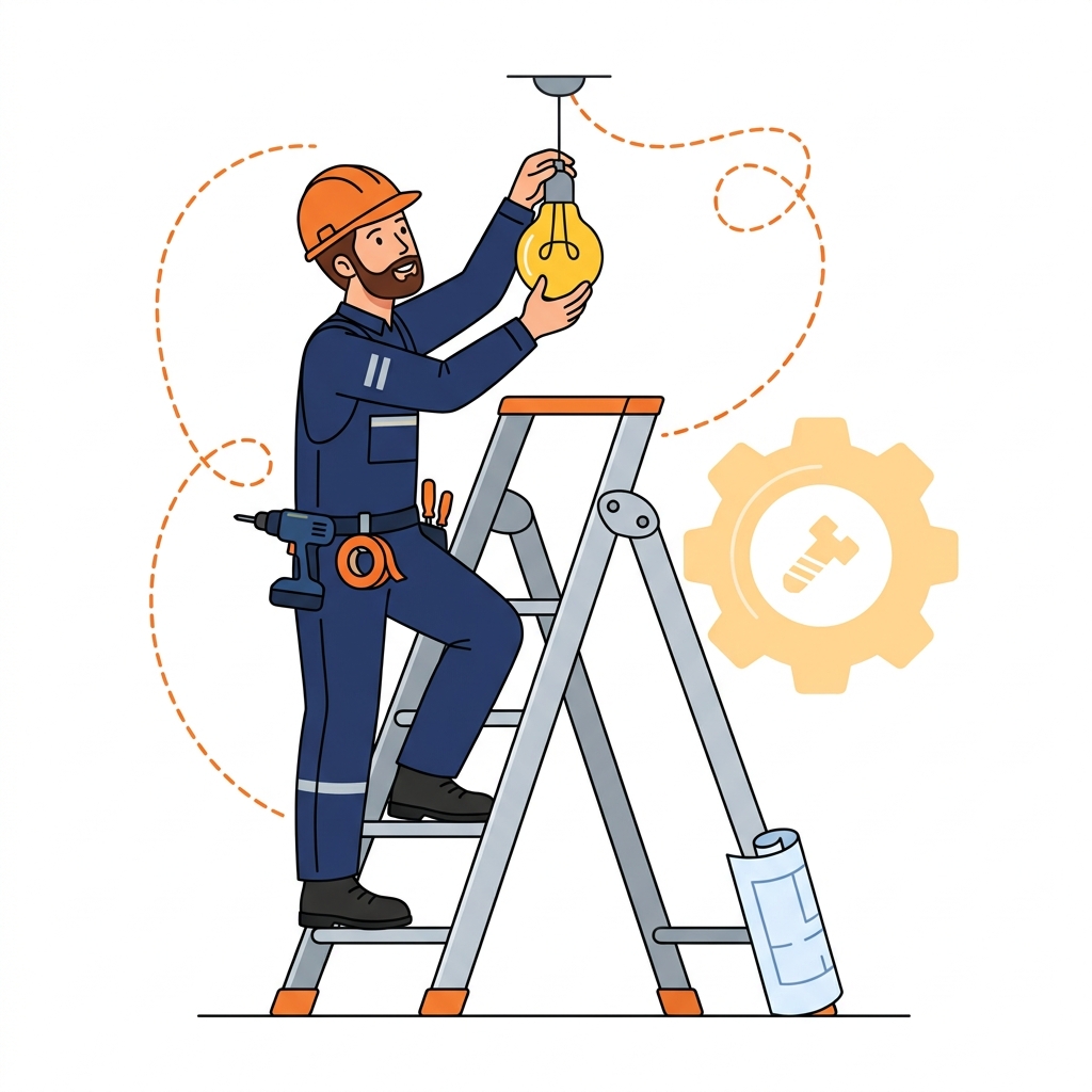 Expert electrician vector illustration installing a pendant light bulb